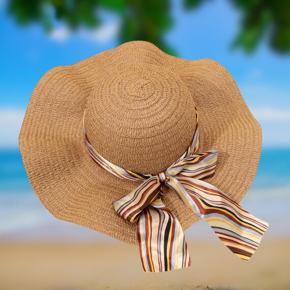 Wide Brim Straw Sun Hat: Striped Ribbon Bow, Elegant Beach 