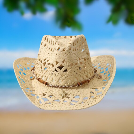 Handwoven Straw Cowgirl Hat: Starfish Pendant, Boho Beach 