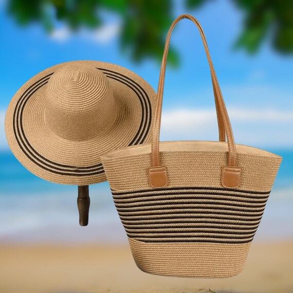 Striped Straw Hat and Tote Set: Wide Brim Sun Hat, Summer  display picture 3