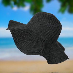 Black Wide Brim Sun Hat: Foldable Straw Beach Hat - UV Protection
