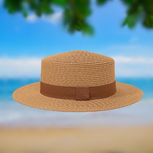 Straw Boater Hat: Minimalist Summer Hat with Brown Ribbon