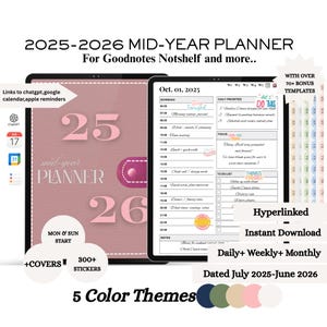 2025 2026 Mid Year Digital Planner, Hyperlinked Dated Daily, Weekly & Monthly Planner, Digital Calendar and reminders integration Goodnotes