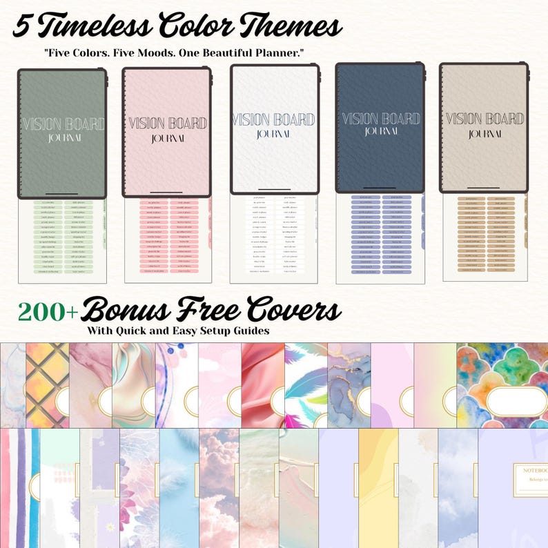 May include: An image showcasing a collection of vision board journals in five different color themes. Each journal features the text "Vision Board Journal." The image also highlights over 200 bonus free covers with setup guides, displaying various colorful designs.