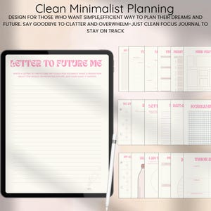 May include: A digital tablet displaying a planner with the text "Letter to Future Me" in pink. The tablet is accompanied by a white stylus and several planner pages with pink accents. The top text reads "Clean Minimalist Planning".