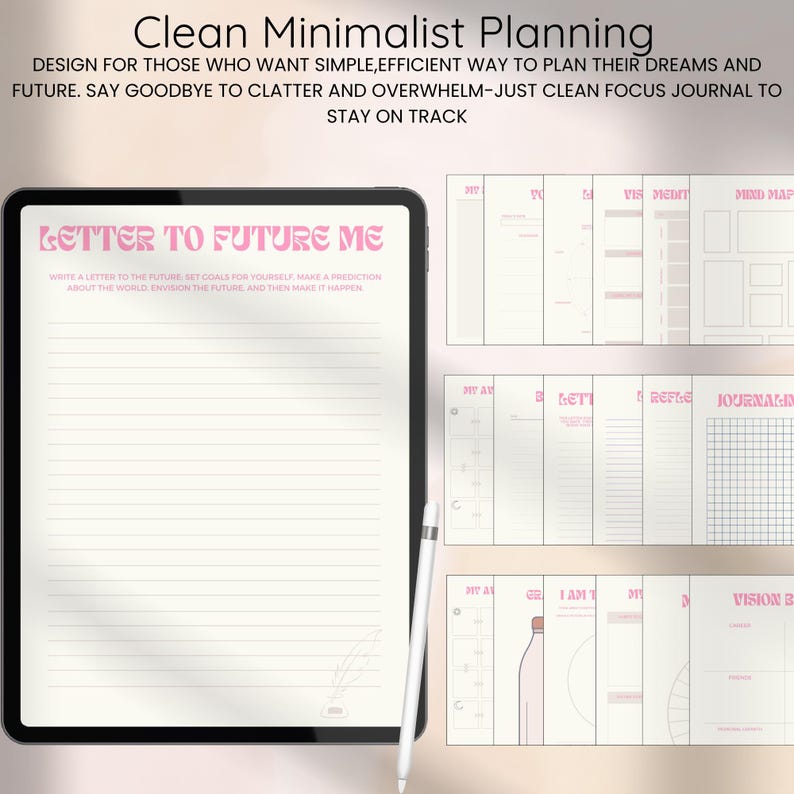 May include: A digital tablet displaying a planner with the text "Letter to Future Me" in pink. The tablet is accompanied by a white stylus and several planner pages with pink accents. The top text reads "Clean Minimalist Planning".