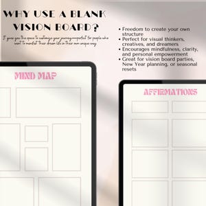 May include: Two digital vision board templates are displayed, one labeled "MIND MAP" and the other "AFFIRMATIONS." The text "WHY USE A BLANK VISION BOARD?" is at the top, with bullet points listing benefits like structure and mindfulness.