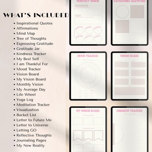 May include: Digital planner pages displayed on tablets. The pages include trackers for mood, vision, gratitude, and more. Text on the left reads "WHAT'S INCLUDED" with a list of features. The pages have a pink and white color scheme.