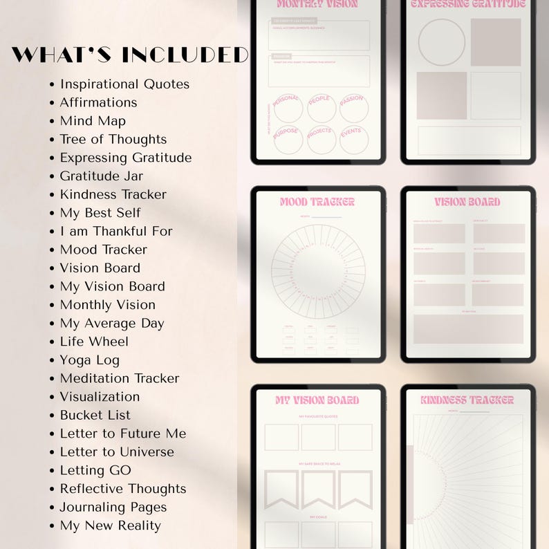 May include: Digital planner pages displayed on tablets. The pages include trackers for mood, vision, gratitude, and more. Text on the left reads "WHAT'S INCLUDED" with a list of features. The pages have a pink and white color scheme.