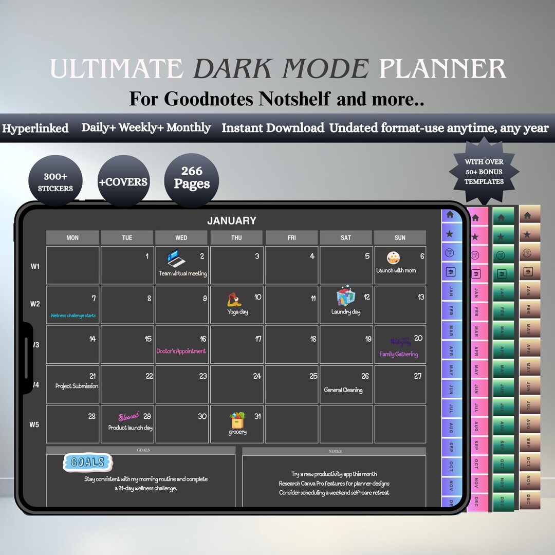 Dark Mode Digital Planner 2025-2026: ADHD Life Planner, Wellness ...