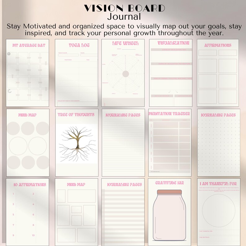 May include: A Vision Board Journal with various pages for goal setting and personal growth. The journal includes sections for daily planning, yoga logs, life wheels, visualizations, affirmations, mind maps, and gratitude. The cover text reads "VISION BOARD Journal".