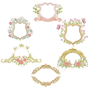 Pode incluir: Coleção de designs de molduras bordadas em ouro, rosa e verde. As molduras apresentam motivos florais e de folhas, algumas com fitas, borboletas e coroas. Adequado para vários projetos de artesanato.