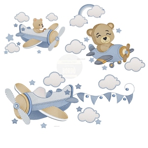 May include: Embroidered design featuring teddy bears in blue and tan airplanes, surrounded by clouds, stars, and a rainbow. The design has a whimsical, childlike aesthetic, perfect for baby-themed crafts or decor.