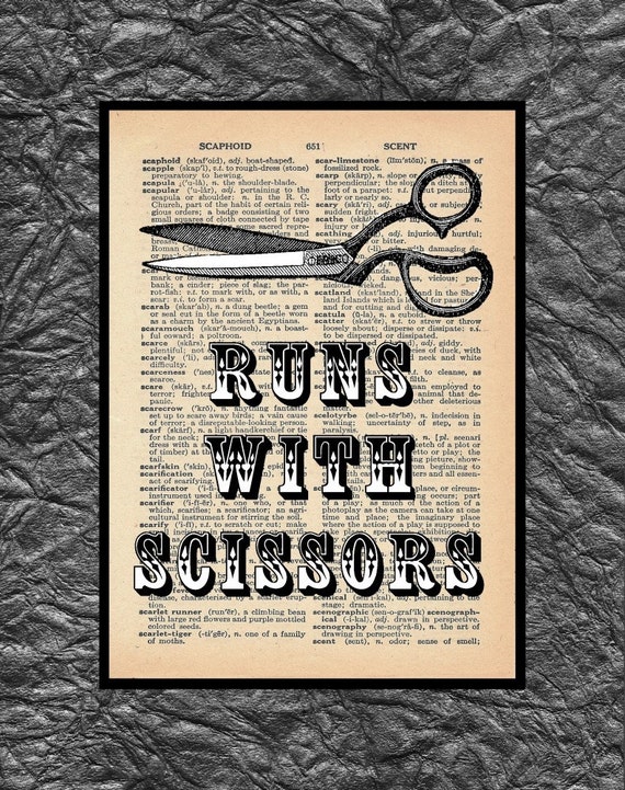Items similar to Runs with scissors vintage dictionary page art print