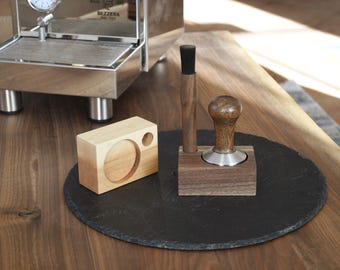 Tamping station made of serviceberry or walnut – Handcrafted tray for tamper, leveler & brush | Premium barista accessories