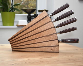 Knife block made of beech and walnut – minimalist solid wood knife holder, light design for stylish kitchens