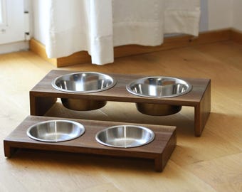 Personalized Walnut Dog Bowl Stand – Elevated Feeding Station with 2 Stainless Steel Bowls, Waterfall Edge Design, Sizes for Dogs & Cats