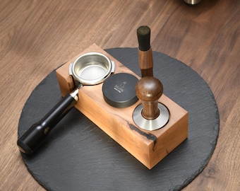 Cherry wood tamping station – crafted from a single piece of wood | Handmade | Fits E61 portafilters | Minimalist barista accessory