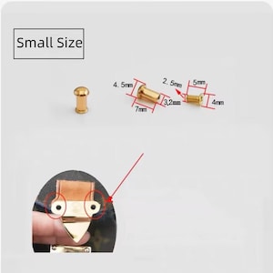 May include: Image shows small gold-coloured hardware pieces, including rivets and screws, with measurements in millimetres. The text "Small Size" is in a white box. One piece is shown installed on a leather surface.