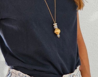 Long Pendant Necklace with Unique stone Beads,Minimalist Boho Jewelry, long big pendant,80s necklace,14kt gold ,Statement necklace,for mama