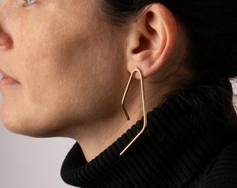 Geometric Sculpted 14K Gold Earrings, goldearrings,long bar dangle,african earrings, aesthetic earrings,gold bar earrings,statement earrings