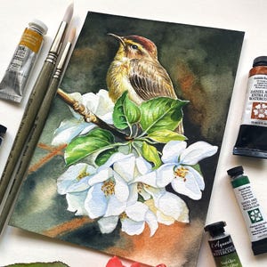 Oryginalny ptak akwarela malarstwo ścienne wystrój domu ręcznie malowane ptak miłośnik prezent ogród sztuka natura mała sztuka ścienna kwiat ilustracja