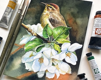 オリジナル水彩画「鳥の絵：灰色の鳥と赤いベリー」7x9インチ - Etsy 日本