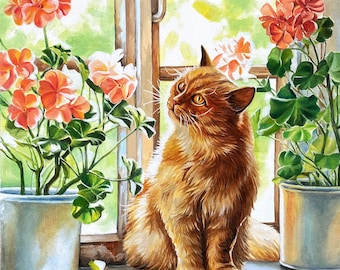 猫の肖像画、オリジナル油絵、素朴なコーナー装飾のための窓辺の猫の絵