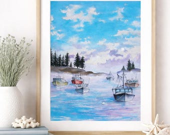Original Watercolor Boats Painting Coastal Harbor Landscape Seaside Art Misty Ocean Sketch Unique Artwork