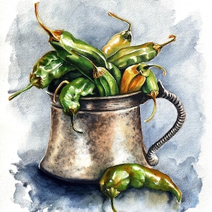Dipinto ad acquerello originale di peperoncini in una tazza di rame vintage, decorazione da parete per la cucina, natura morta dipinta a mano, arte botanica alimentare, peperoncino