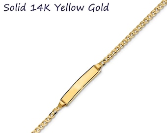 Personalized Engravable Solid 14K Yellow Gold Custom Made ID Bracelet, Curb Chain Bracelet, Baby Infant Youth Adult Lengths, Made in USA