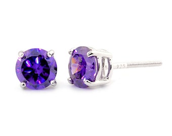 Natural Mined 1.50ct 6mm Round Brilliant-cut Purple Amethyst Screw Back Stud Earrings, Solid 925 Sterling Silver, Genuine Gemstone, Violet