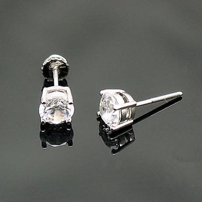 Round Brilliantcut Screw Back Silver Stud Earrings Etsy