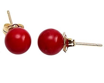6mm Italian Red Coral 14K Gold Ball Stud Post Earrings, Fiery Red, Natural Italian Sardinia Coral, One Quarter Inch Size, Popular Mid Size