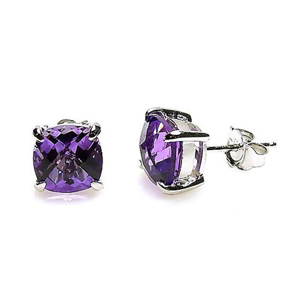 Large 5.8ct Cushion Cut Amethyst Stud Earrings, 925 Silver Amethyst Gemstone Earrings, February Birthstone Earrings, Big Bold Large Earrings