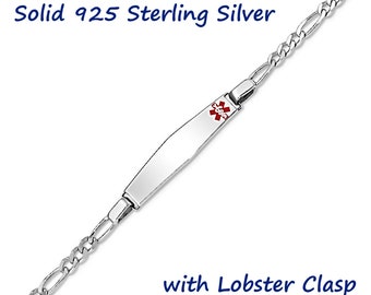 Customized Silver Medical Alert Figaro ID Bracelet, Engravable Solid 925 Sterling Silver Chain ID Bracelet, Youth Adult Length, Made in USA