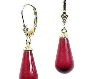 16mm Italian Red Sardinia Coral Teardrop Leverback Earrings Solid 14-20 Gold Filled