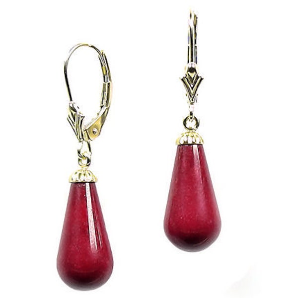 Boucles d'oreilles à levier en forme de larme de corail de Sardaigne rouge italien de 16 mm, solide 14-20, remplies d'or