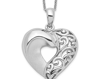 Ornate Metalwork Heart Pendant Necklace, Solid 925 Sterling Silver, Heart Shaped Pendant, Valentines Day Gift, Endless Love Design