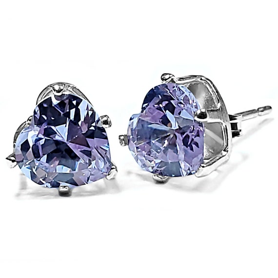 Heart Stud Earrings Simulated Lavender CZ 925 Sterling Silver (4mm