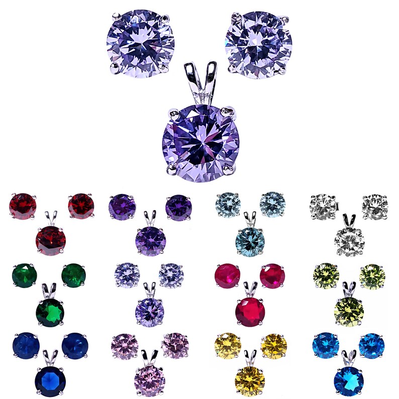 Rabbit-Ear Pendant Sterling Silver Jewelry Round Birth Month Earrings Brilliant Cut Birthstone Solitaire Pendant and Earring Set