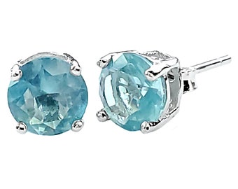 Round Aquamarine Stud Earrings, March Birthstone Earrings, 925 Sterling Silver Cast Basket Earrings, Aquamarine Blue Color, Faceted Gemstone