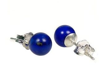 6mm Natural Lapis Lazuli Ball Stud Post Earrings, Solid 925 Sterling Silver, Blue Lapis Ball Stud Earrings, Silver Lapis Lazuli Earrings