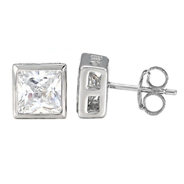 6mm 2.6ct Square Princess-cut Ice on Fire Diamond CZ Bezel Set Stud Earrings, Sterling Silver Earrings, Contemporary Earrings, CZ Earrings