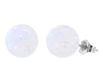 Lorraine: Fiery White Opal Ball Stud Earrings, 14K White Gold Opal Earrings, Minimal Earrings, White Opal Earrings, Gold Opal Post Earrings