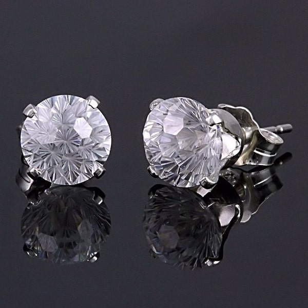 4.8ct Round Starfire Cut Clear Ice Diamond CZ Stud Earrings 925 Silver Posts, 8mm