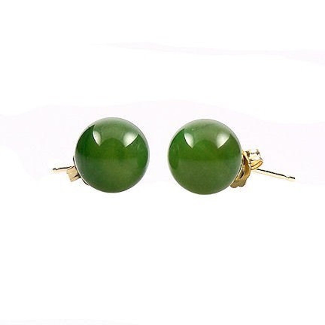 6mm Natural Nephrite Green Jade Ball Stud Post Earrings, 14K White or