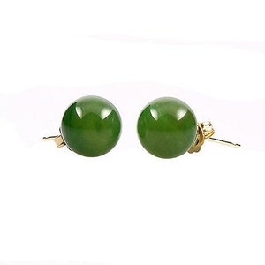 6mm Natural Nephrite Green Jade Ball Stud Post Earrings, 14K White or Yellow Gold, Jade Earrings, Green Earrings, Green Jade Earrings