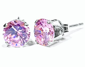 Popular 5mm, 6mm Round, Brilliant Cut Tourmaline Ice CZ Stud Earrings, Silver Earrings, October Earrings, Mid-Sized Earrings, Pink Earrings