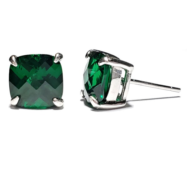 Large Cushion Cut Emerald Stud Earrings, Big Emerald Earrings, May Birthstone Earrings, Antique Square Emeralds, 925 Sterling Silver