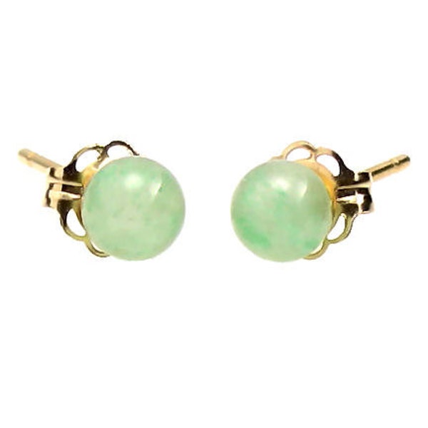 4mm Natural Green Jade Aventurine Ball Stud Post Earrings, Solid 14K White or Yellow Gold, Small Minimalist Earrings, Green Studs